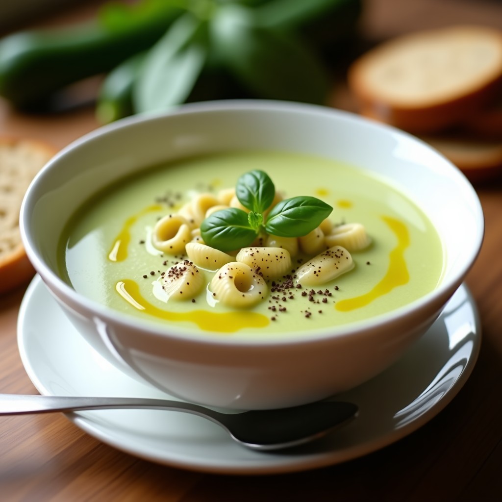 Cuenco blanco con crema de pasta y calabacín de color verde claro, decorada con hojas de albahaca fresca y un hilo de aceite de oliva virgen extra, servida sobre una mesa de madera rústica.