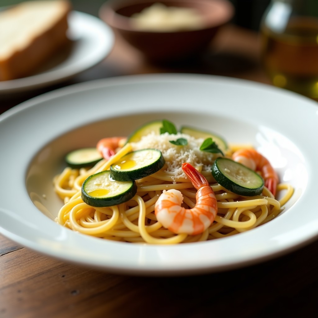 Plato hondo blanco con crema de pasta corta, trozos de calabacín verde y gambas rosadas, espolvoreado con queso parmesano y perejil fresco. Receta umami de crema de pasta con calabacín y gambas.