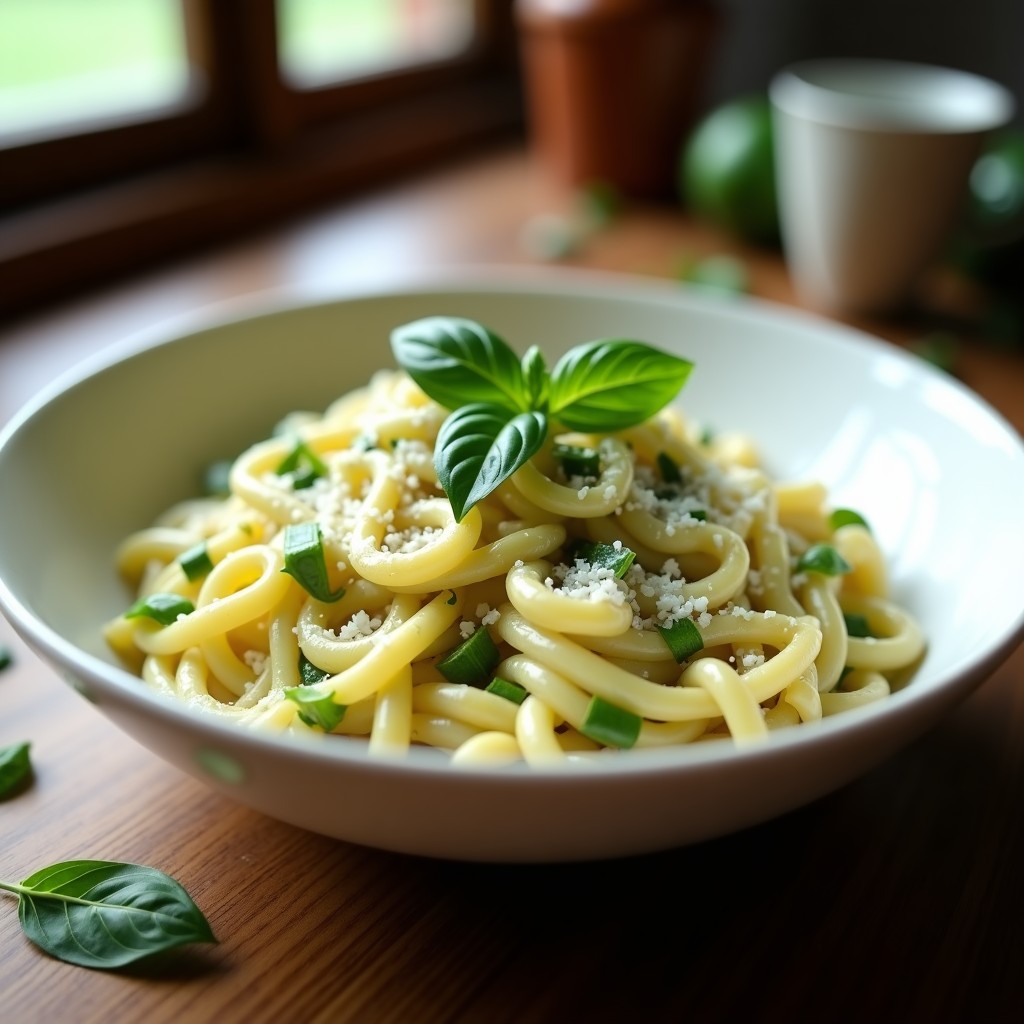 Plato hondo blanco con crema de pasta corta, calabacitas tiernas y hojas de albahaca fresca, espolvoreado con queso parmesano rallado, receta ligera y rápida.