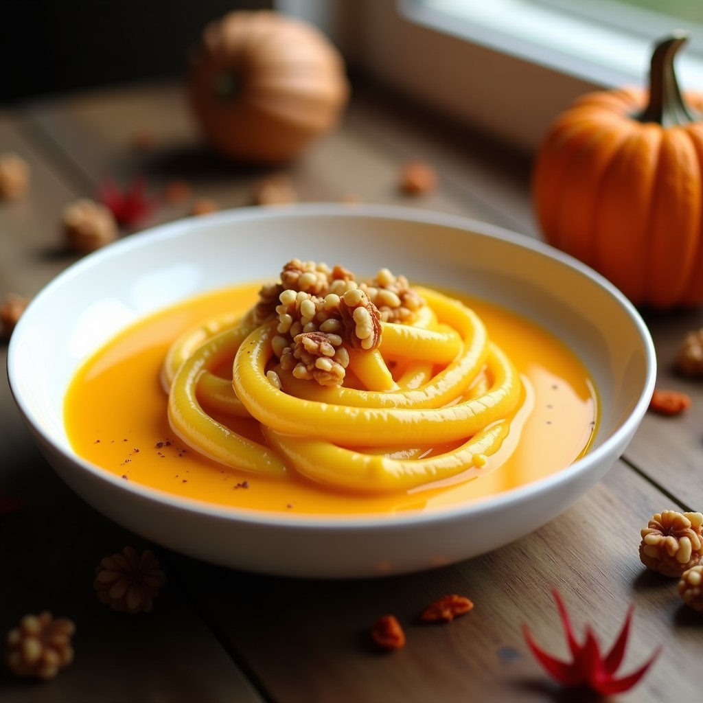 Crema de pasta de calabaza y azafrán servida en un bol blanco con nueces picadas y un hilo de aceite de oliva, preparada en airfryer.