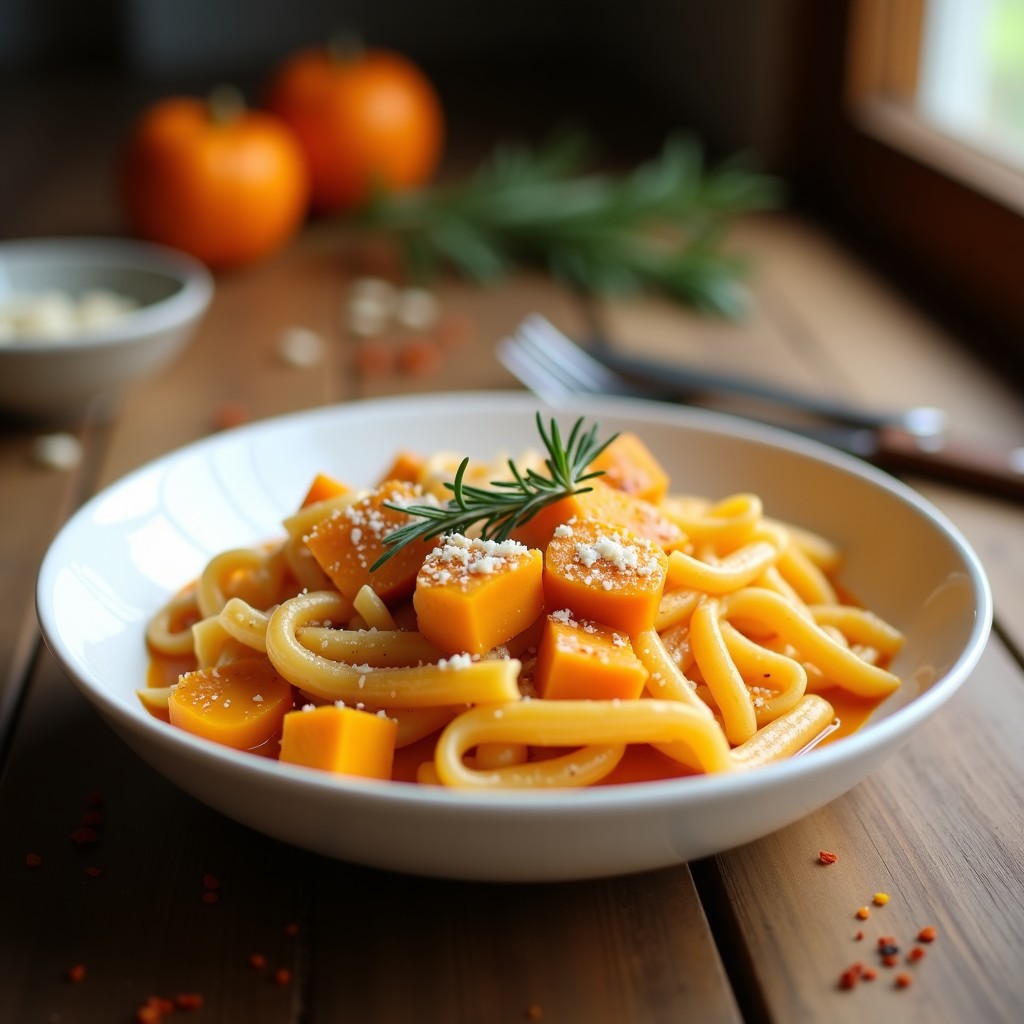 Plato hondo blanco con crema de pasta de calabaza butternut en airfryer, textura sedosa, pasta integral al dente y queso parmesano rallado por encima.