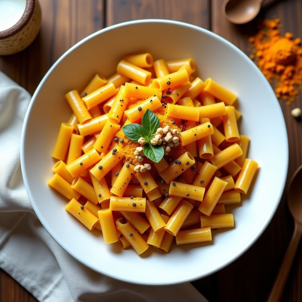 Plato hondo blanco con crema de pasta integral bañada en salsa naranja de calabaza y cúrcuma, decorada con nueces picadas y un toque de pimienta negra, receta sin lactosa.