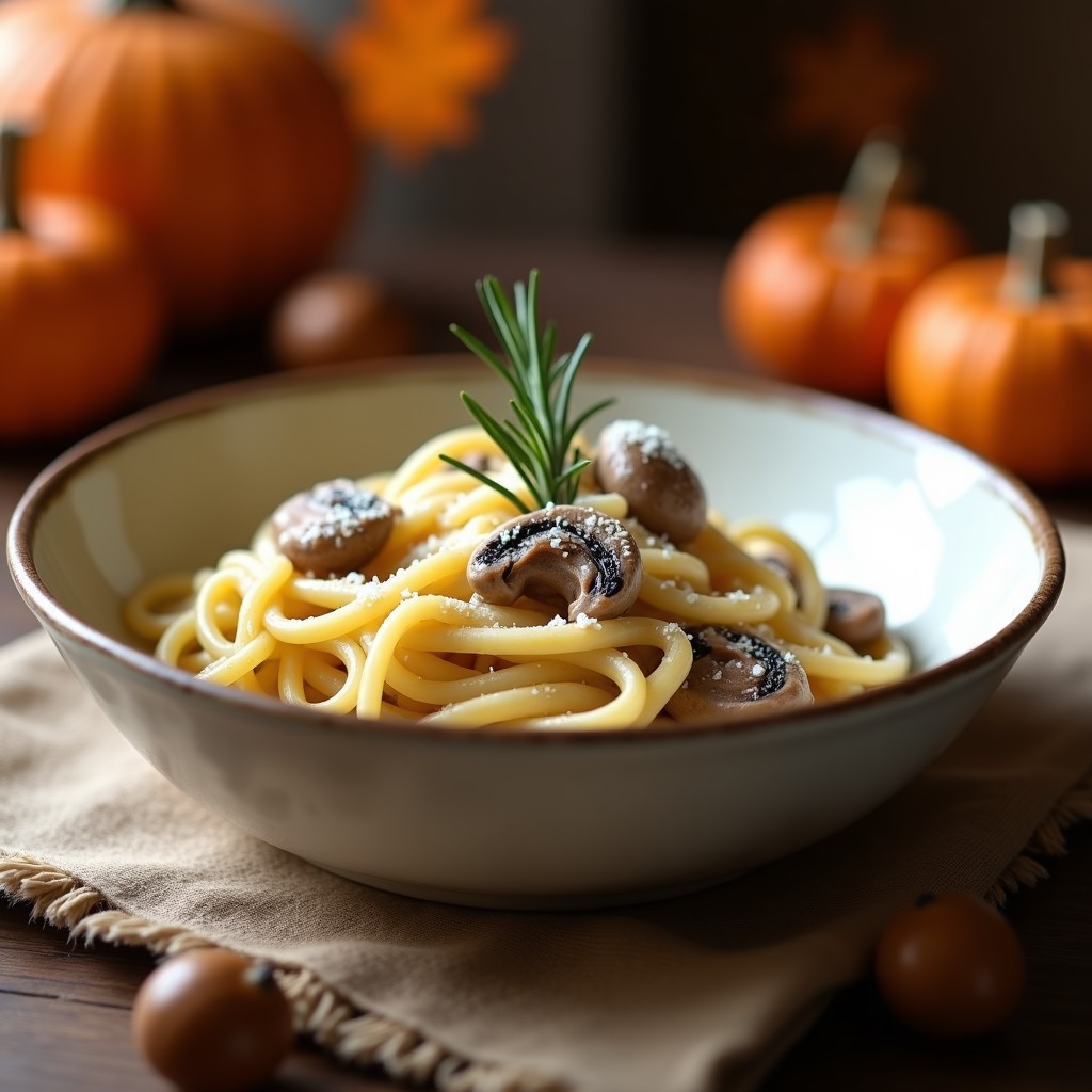 Plato hondo de cerámica blanca con crema de pasta con castañas y setas, espolvoreada con queso parmesano y decorada con una rama de romero fresco.