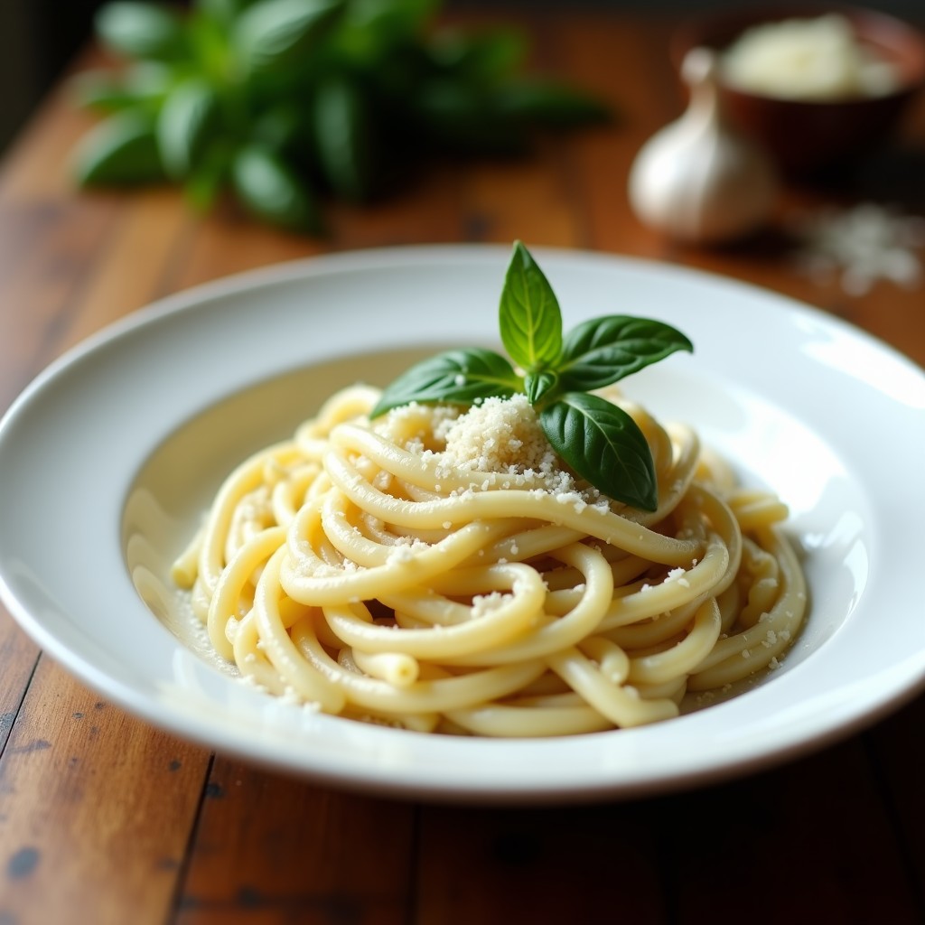 Plato blanco con crema de pasta de coliflor y ajo negro, textura sedosa y color crema, decorada con albahaca fresca y virutas de parmesano, receta keto sin gluten.