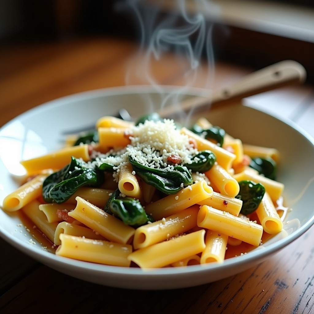 Bol de cerámica blanca con crema de pasta corta bañada en salsa cremosa, espinacas ahumadas visibles y queso parmesano rallado por encima, servido con un tenedor de madera.