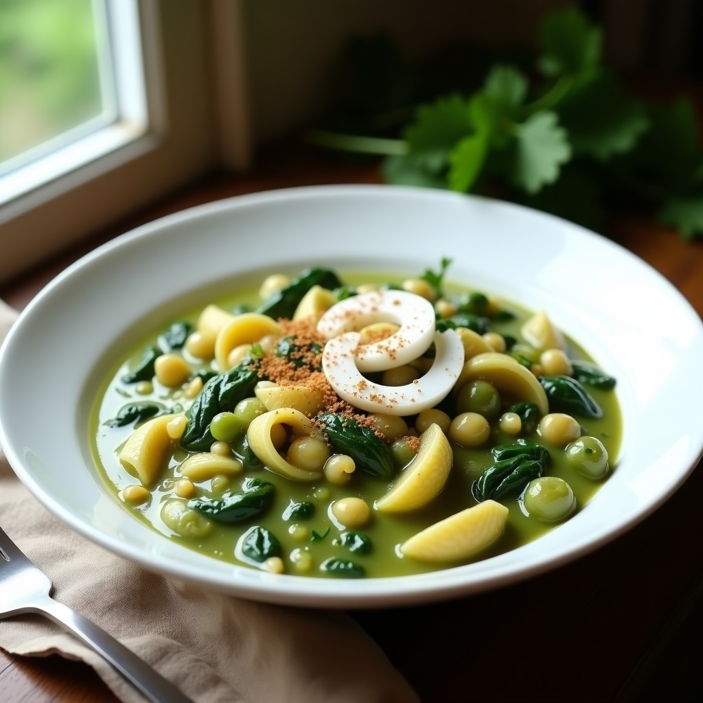 Bowl blanco con crema de pasta integral y espinacas, de color verde vibrante, acompañada de lentejas rojas y un toque de leche de coco. Plato alto en proteína y sin lactosa.
