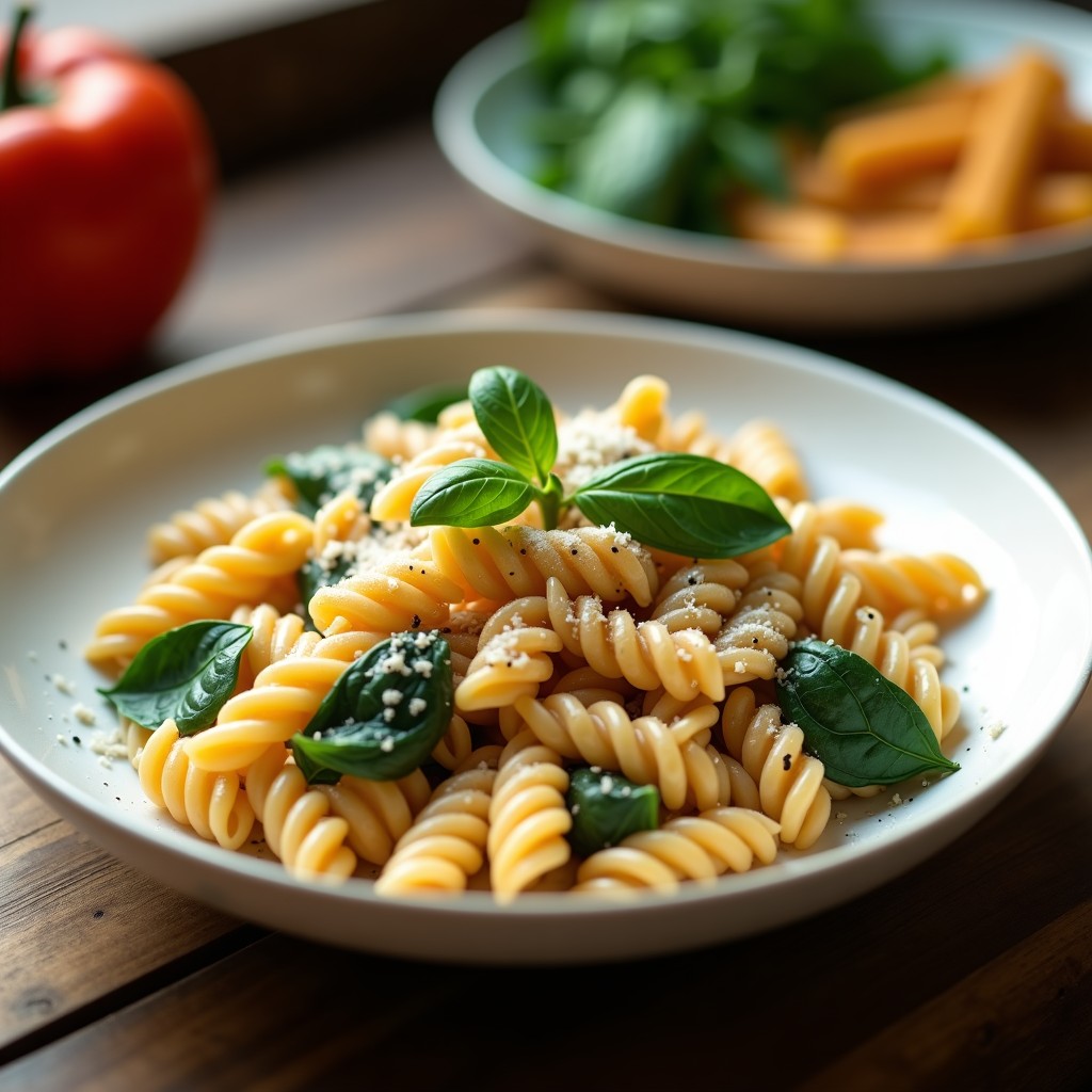 Plato hondo blanco con crema de pasta integral, garbanzos dorados y espinacas verdes, espolvoreado con queso parmesano y decorado con hojas de albahaca. Receta de crema de pasta con espinacas y garbanzos en airfryer.