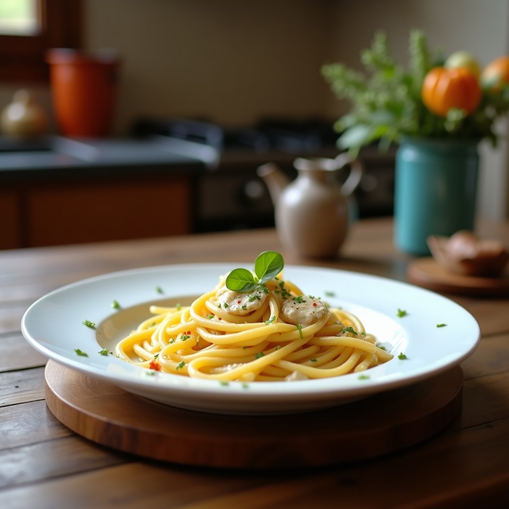 Plato blanco hondo con crema de pasta corta bañada en salsa verde de espinacas y trozos de gorgonzola fundido, espolvoreada con parmesano y decorada con hojas de espinaca fresca. Receta Thermomix ultracremosa.