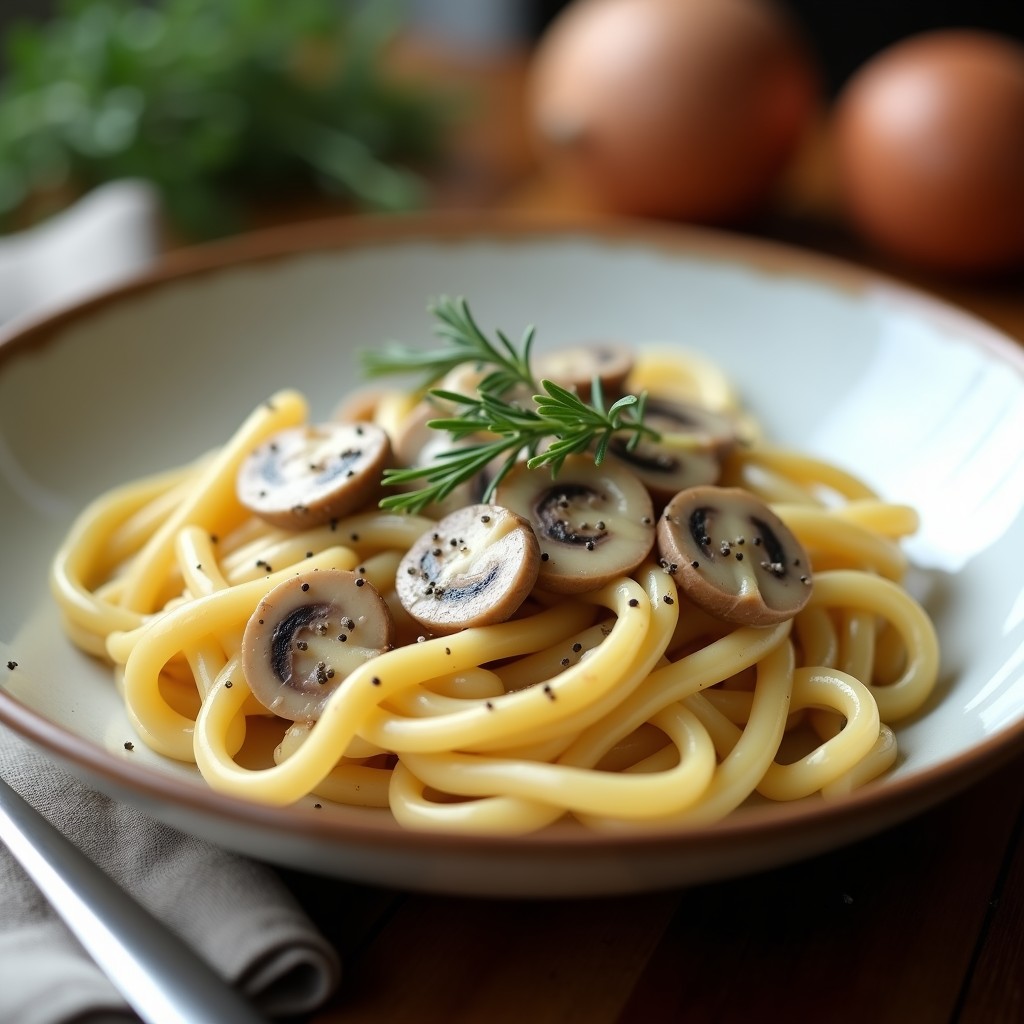 Plato hondo de cerámica blanca con crema de pasta vegana y hongos portobello, salsa espesa de color crema con trozos de hongos, decorado con tomillo fresco y pimienta negra.