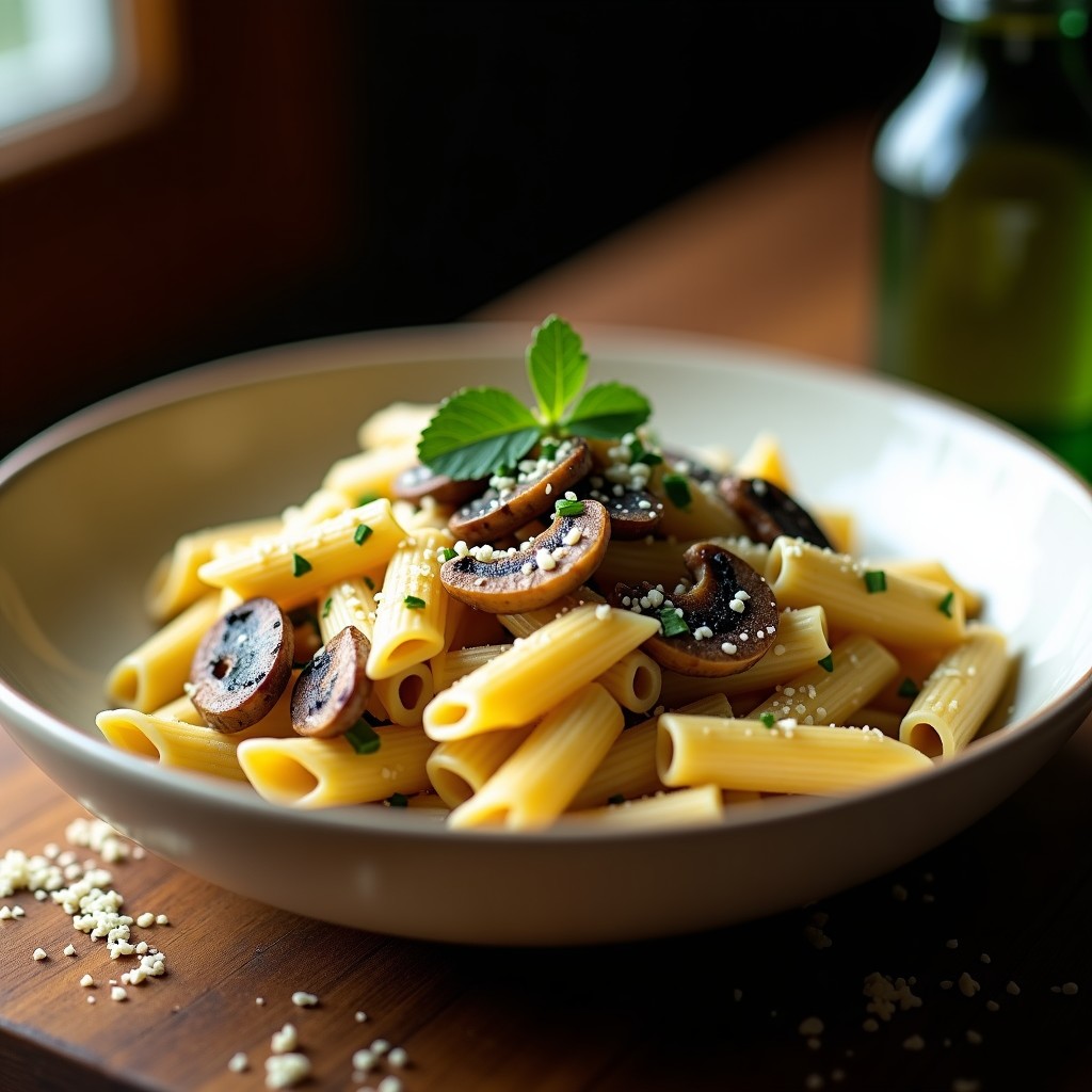 Plato hondo de cerámica blanca con crema de pasta corta bañada en salsa trufada, hongos portobello y shiitake dorados, espolvoreado con queso parmesano y perejil fresco, receta airfryer.