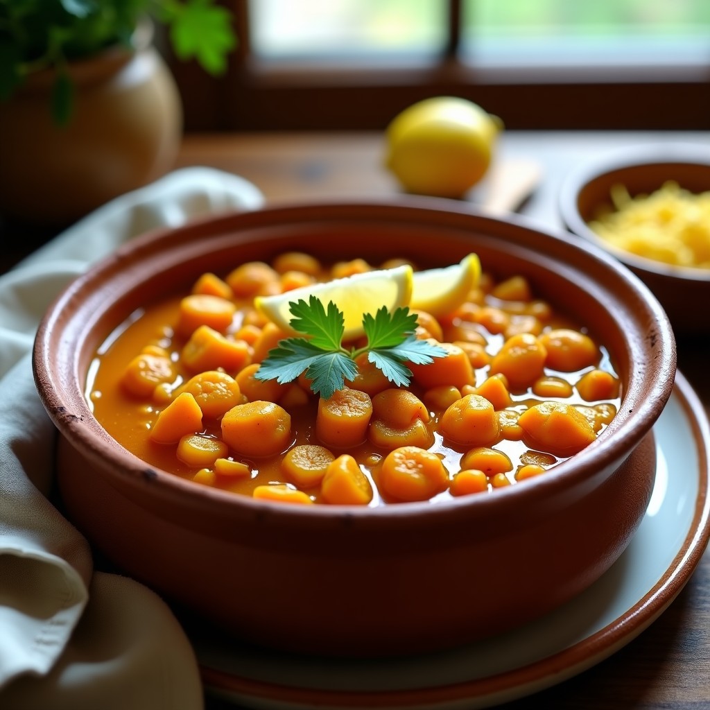 Cazuela de barro con crema de lentejas rojas y pasta integral, espolvoreada con cilantro fresco y decorada con gajos de limón. Plato humeante con tonos dorados y anaranjados por la cúrcuma, servido sobre una mesa rústica de madera.