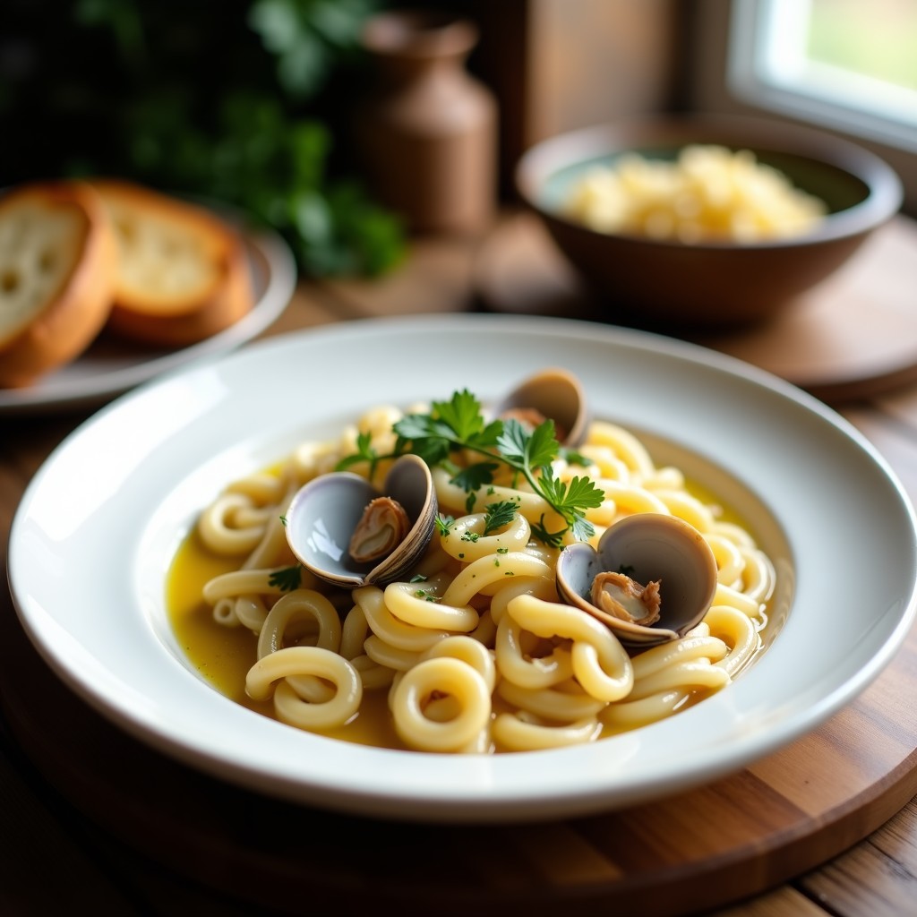 Plato hondo blanco con crema de pastas fusilli bañadas en salsa cremosa con almejas abiertas, perejil fresco y un toque de vino blanco, servido con pan tostado.
