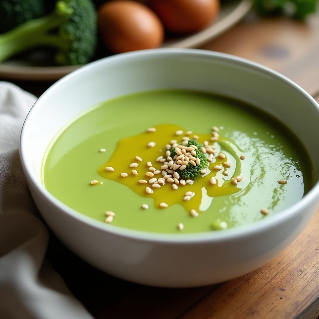 Cuenco blanco hondo con crema de brócoli al pastel de color verde vibrante, textura aterciopelada, decorada con un hilo de aceite de oliva y semillas de sésamo tostadas, fondo de madera rústica.