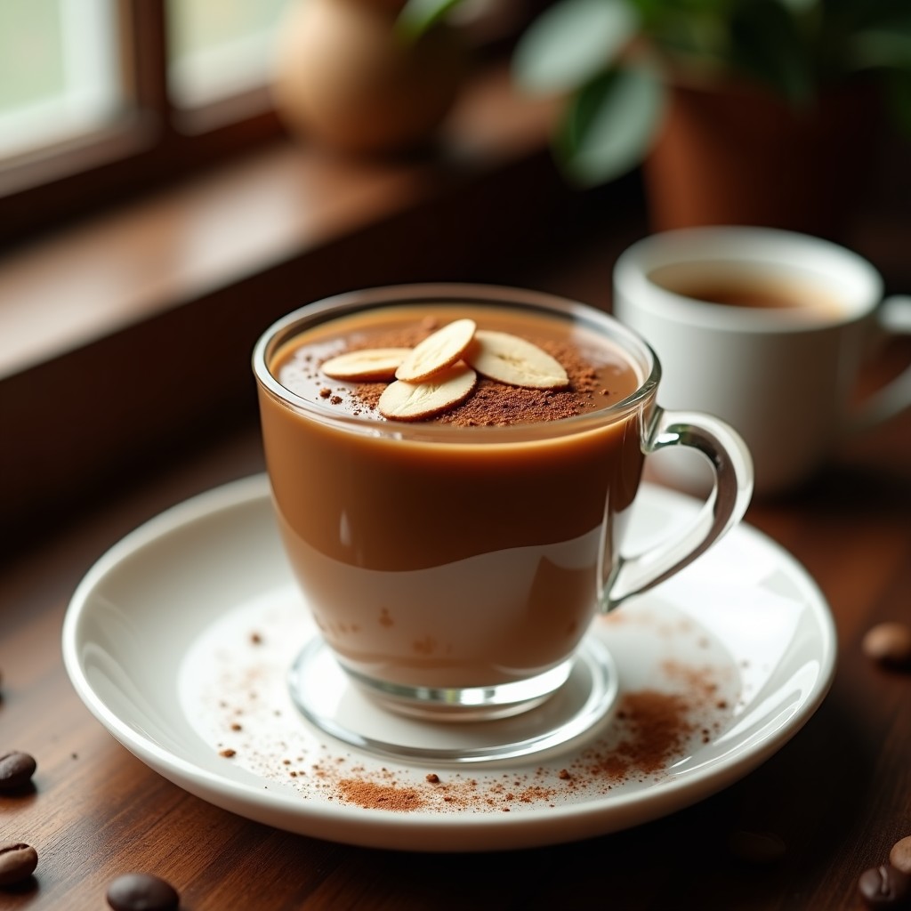 Copa de cristal transparente con crema de pastel de café vegana, decorada con almendras fileteadas y canela, sobre fondo rústico de madera con granos de café esparcidos.