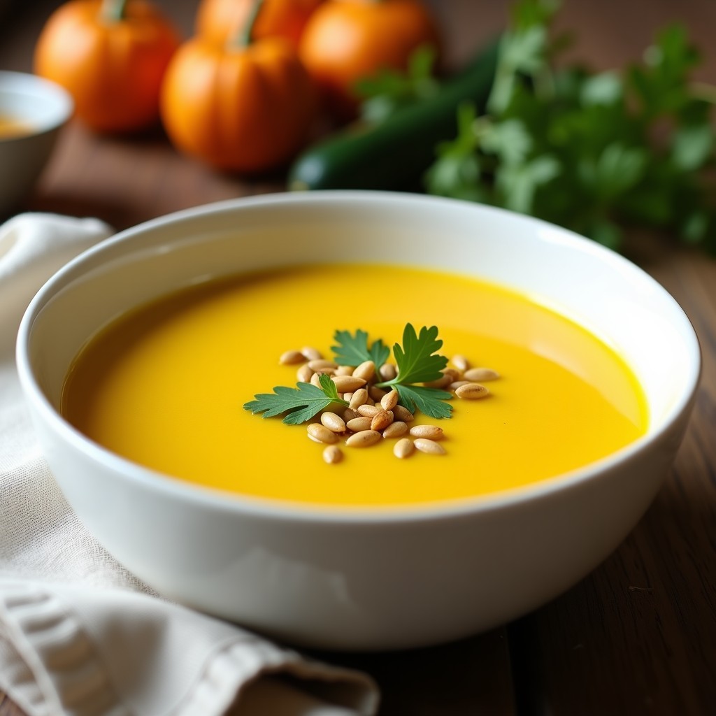 Cuenco de cerámica blanca con crema de calabacín y cúrcuma vegana, decorada con perejil fresco y semillas de calabaza tostadas, servida sobre una mesa de madera rústica.