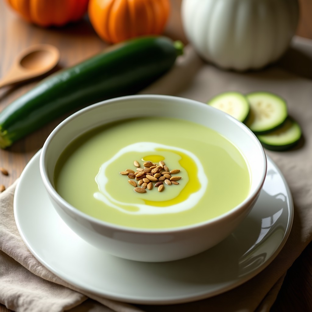 Cuenco blanco con crema de calabacín al pastel de color beige claro, decorada con un hilo de aceite de oliva y semillas de calabaza tostadas, servida sobre un mantel rústico de lino.