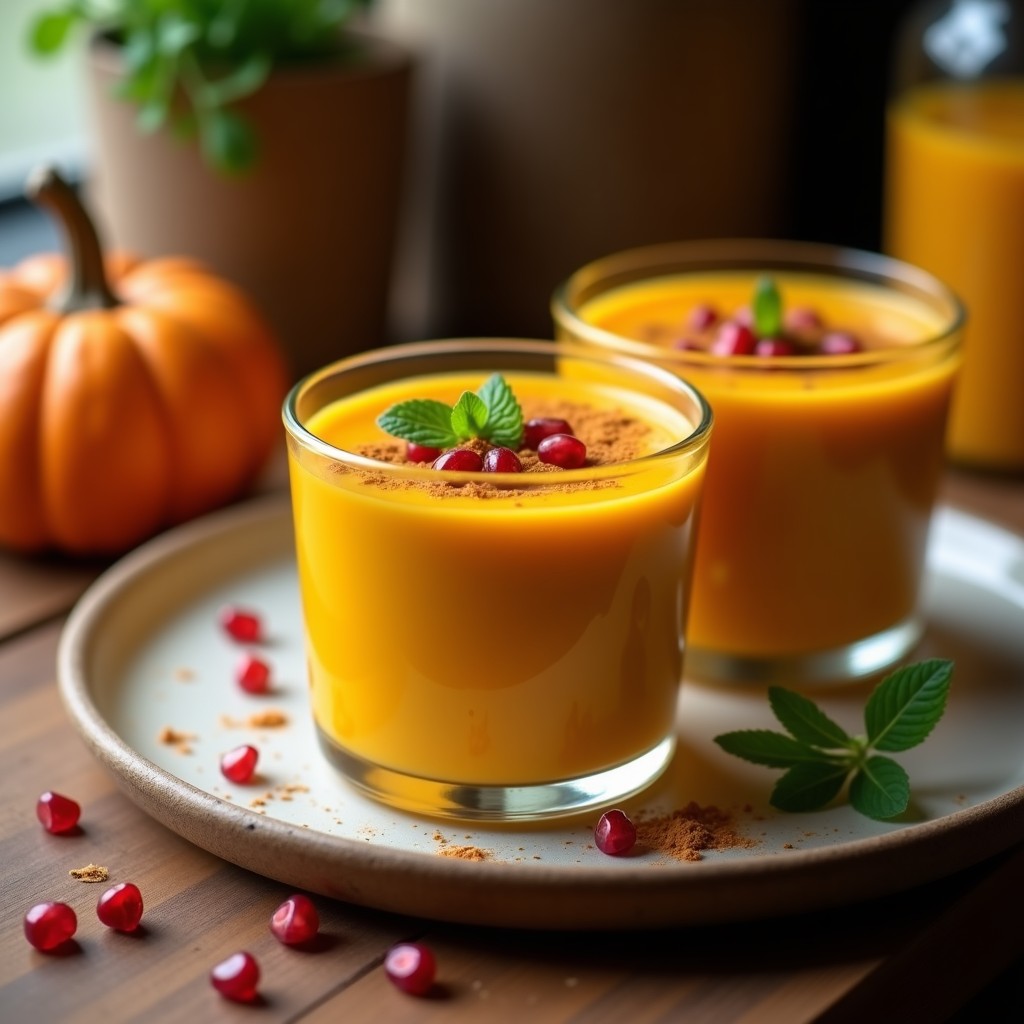 Copas de cristal transparente con crema pastelera de calabaza y cúrcuma vegana, decoradas con canela en polvo y granos de granada, sobre un fondo rústico de madera con hojas de menta.