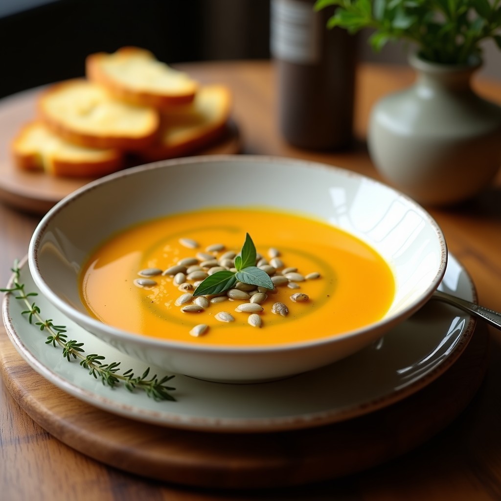 Cuenco blanco hondo con crema pastel de calabaza al horno, textura sedosa y color naranja intenso, decorada con semillas de calabaza tostadas y hierbas frescas, acompañada de rebanadas de pan de maíz dorado.