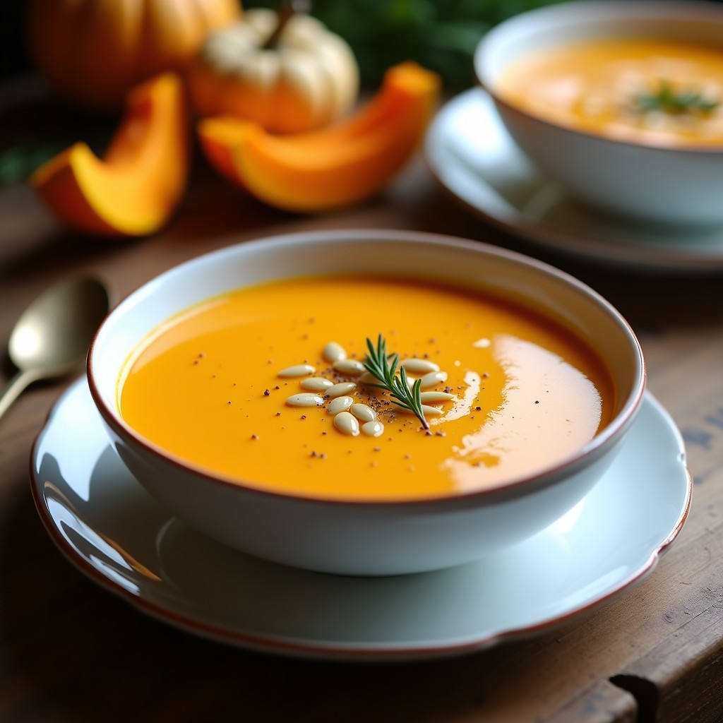 Cuenco de porcelana blanca con crema de calabaza kabocha de color naranja intenso, decorada con un hilo de aceite de oliva y semillas de calabaza tostadas, servida sobre una mesa de madera rústica.