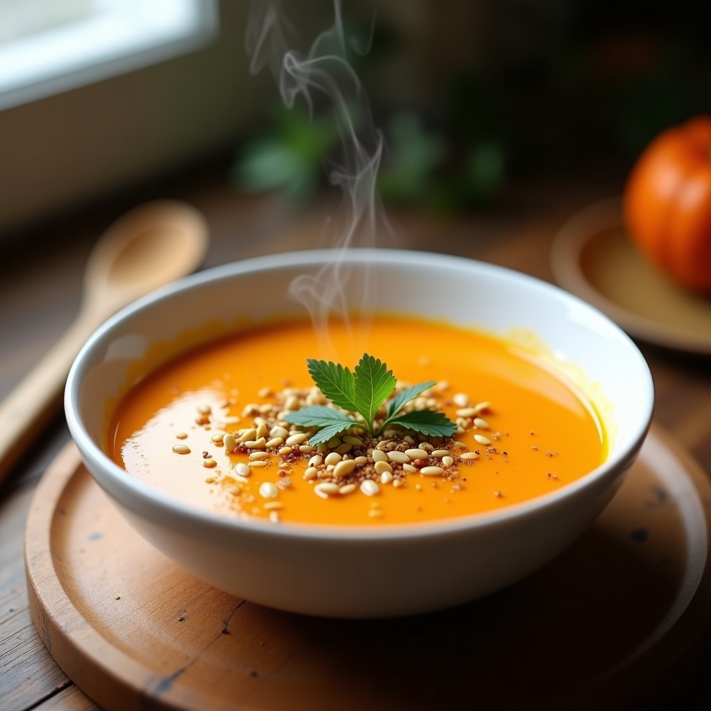 Cuenco blanco con crema de calabaza al zaatar de color naranja intenso, decorada con semillas de calabaza tostadas y perejil fresco, sobre fondo de madera rústica.