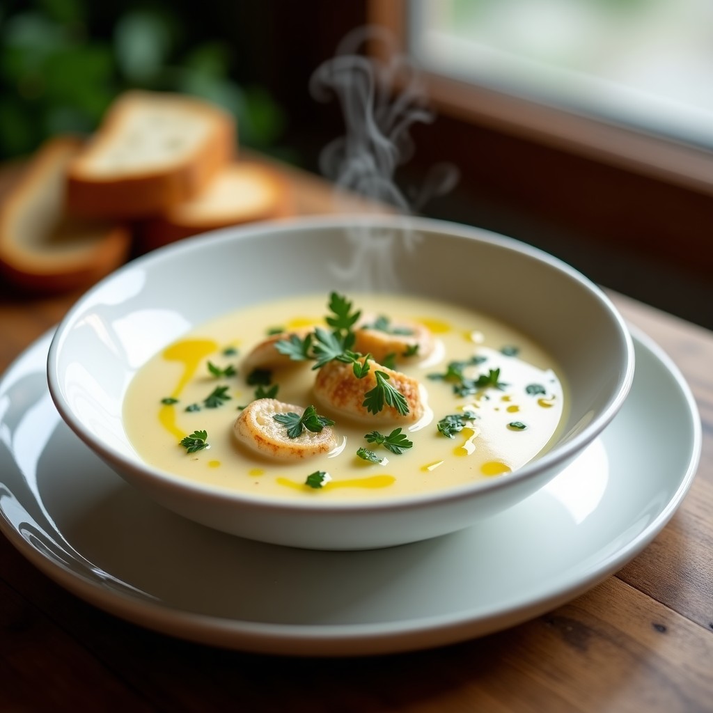 Cuenco blanco hondo con crema de calamar al pastel espesa y brillante, decorada con perejil fresco y un hilo de aceite de oliva, servida con rebanadas de pan tostado.