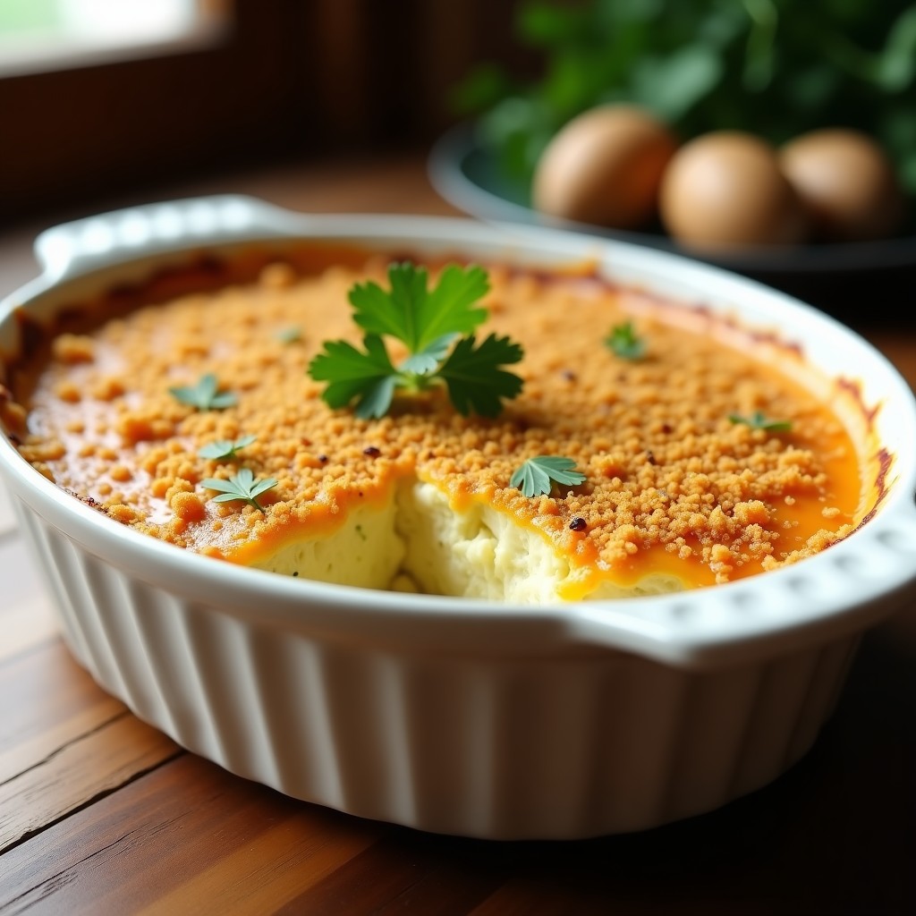 Crema pastel de coliflor al horno en molde de cerámica blanco, con superficie dorada y crujiente de pan rallado, acompañada de hojas de perejil fresco.