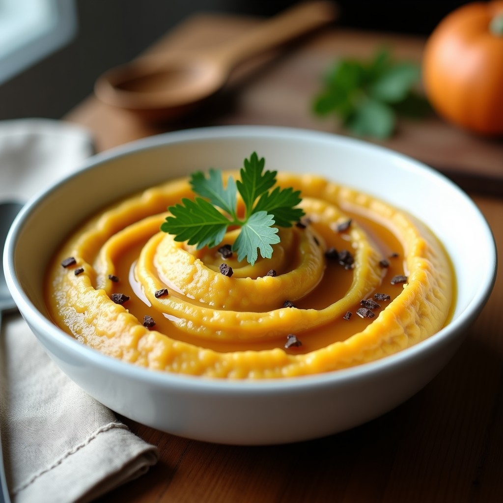 Cuenco blanco con crema de pastel de quinoa trufada, decorada con perejil fresco y un hilo de aceite de trufa, servida sobre mesa de madera rústica.