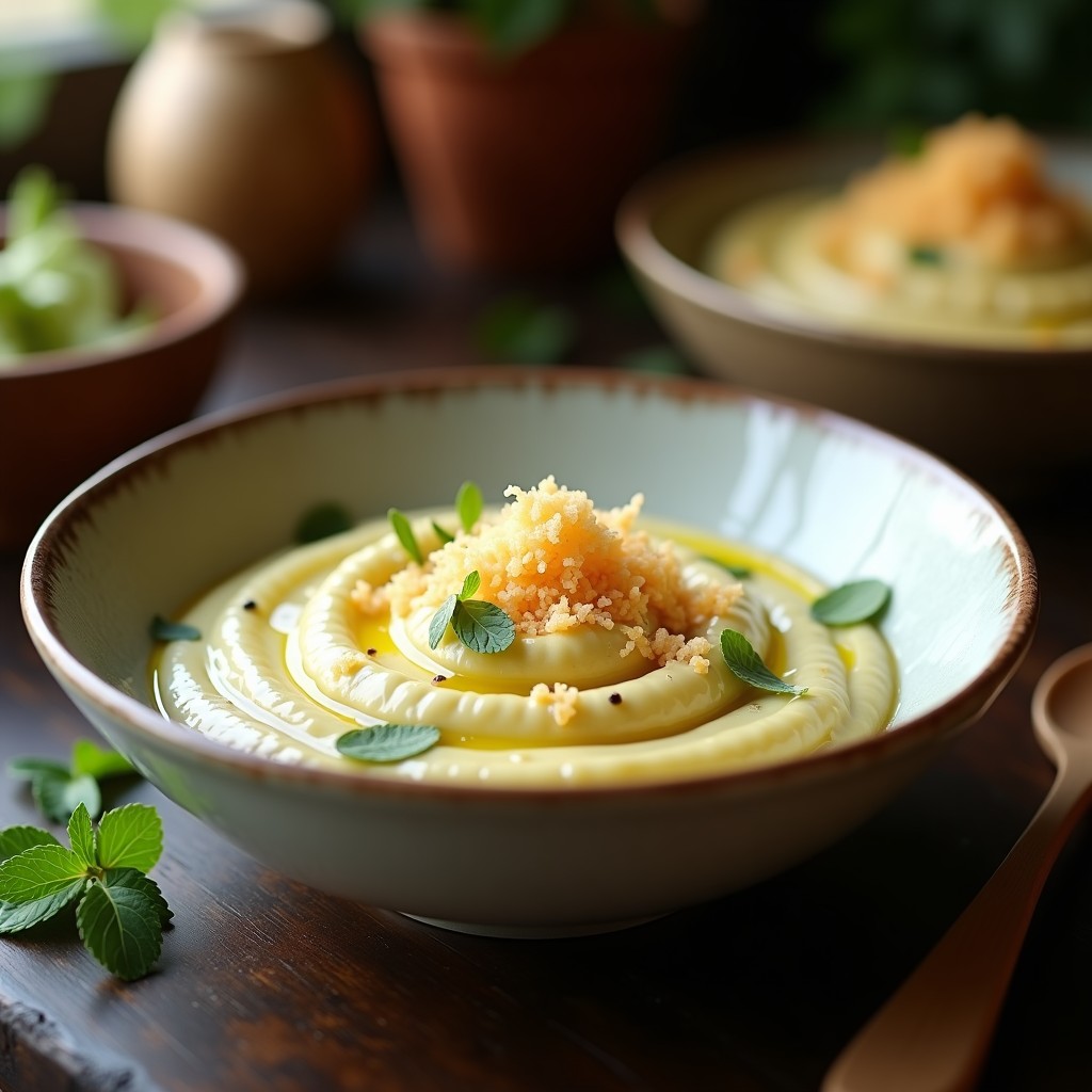 Crema de alcachofas al estilo El Niño en cuenco blanco, con textura sedosa y espolvoreada de queso parmesano. Acompañada de una cucharita de madera y hojas de hierbabuena fresca. Receta en airfryer.