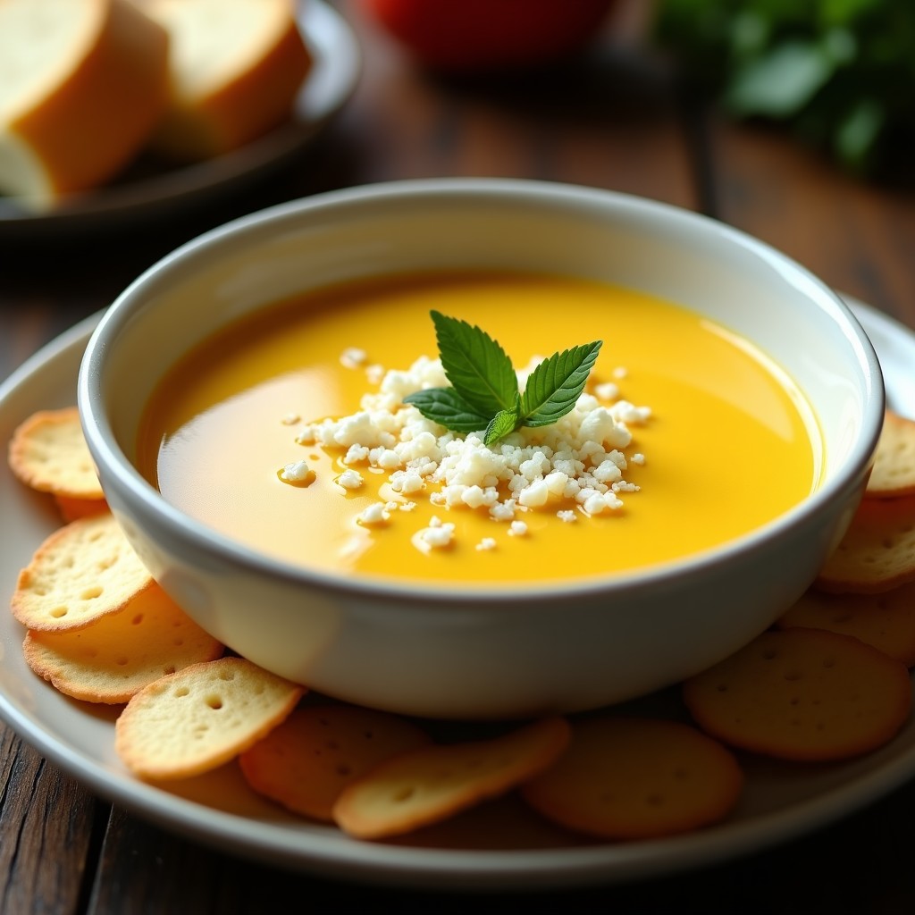 Bowl blanco de cerámica con crema de elote mexicana cremosa, espolvoreada con queso fresco y acompañada de tostadas doradas y hojas de epazote.