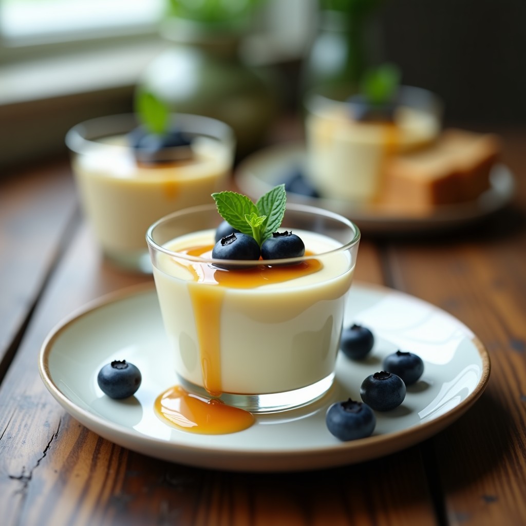 Copas de cristal transparente con crema de pastel de queso vegano, textura sedosa y color blanco marfil, decoradas con arándanos frescos y un hilo de sirope de arce dorado sobre fondo rústico de madera.