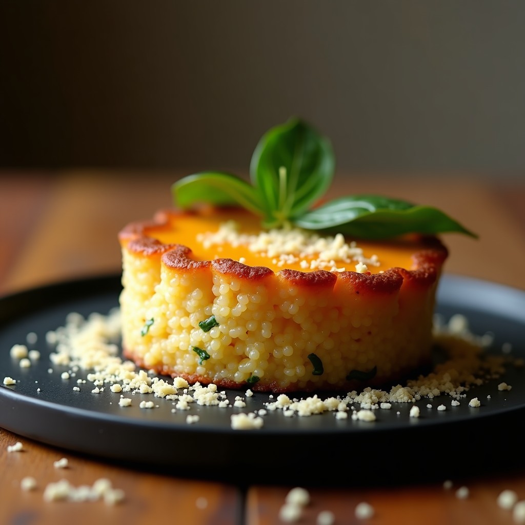 Crema de pastel de quinoa trufada en airfryer, dorada y crujiente por fuera, con textura cremosa en el interior, servida en molde individual con hilo de aceite de trufa.
