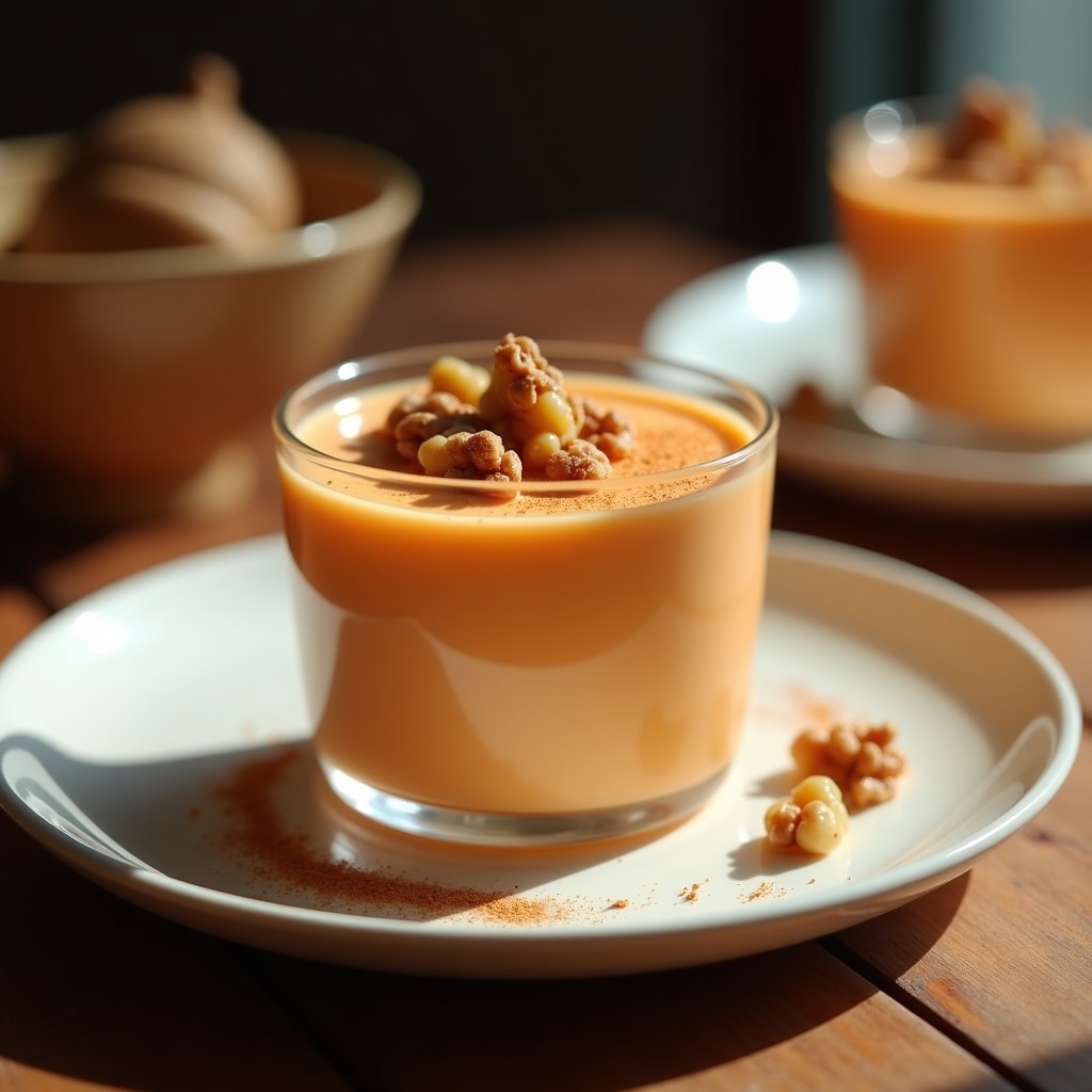 Copa de cristal transparente con crema pastelera vegana de zanahoria y jengibre, decorada con nueces tostadas y una pizca de canela en polvo, sobre fondo rústico de madera.