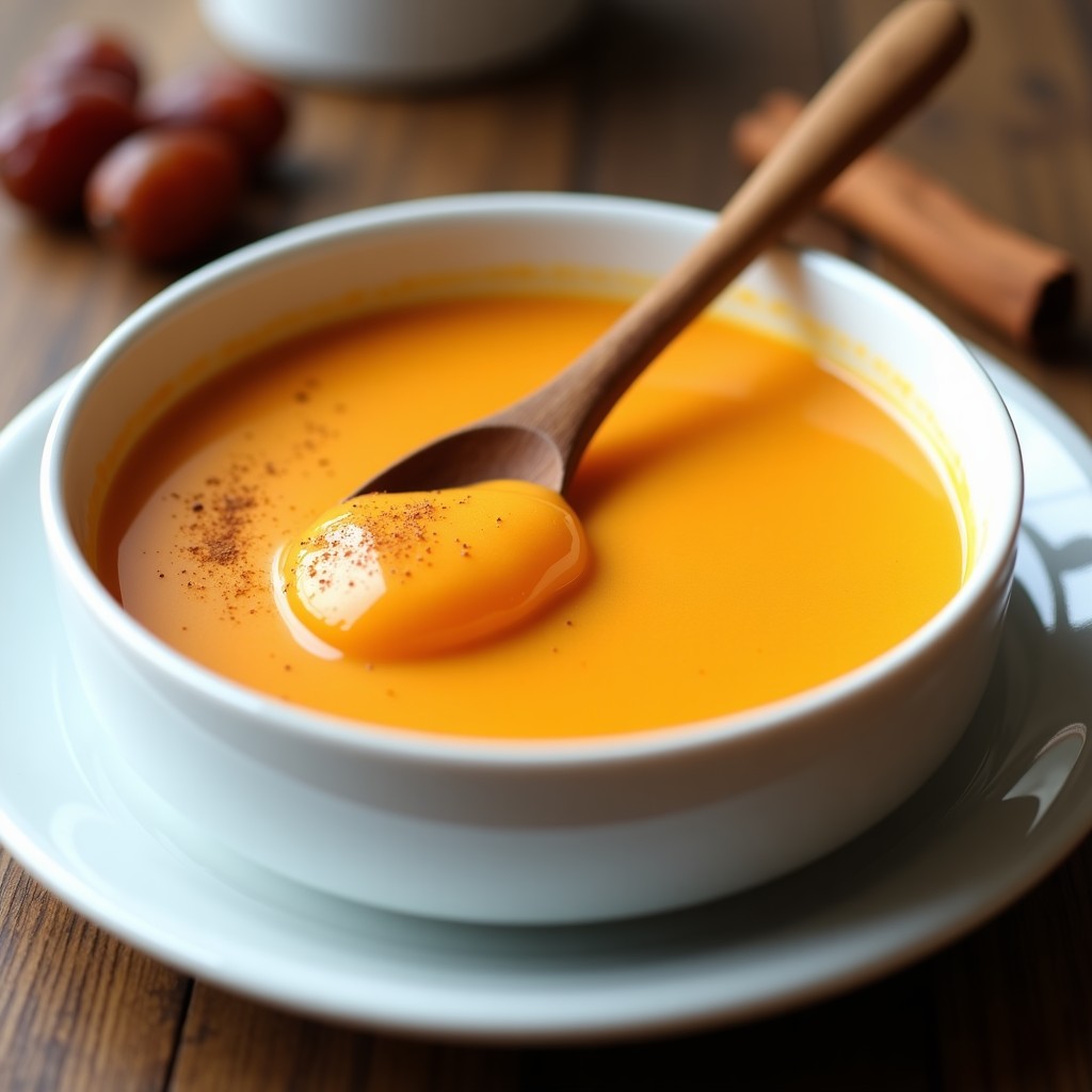 Tazón de porcelana blanca con crema pastelera de batata sin azúcar, color naranja suave, espolvoreada con canela y acompañada de una cuchara de madera y dátiles al fondo.