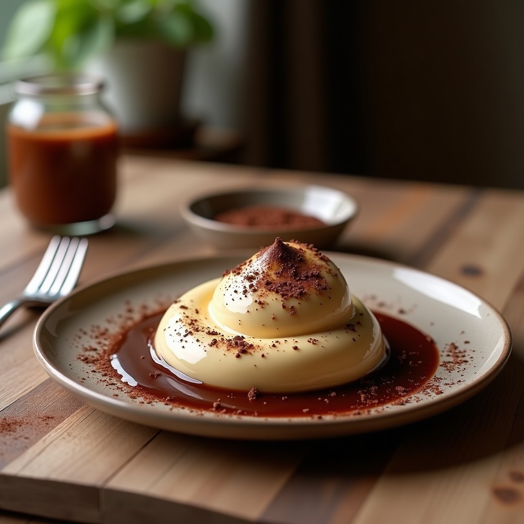 Cuenco de porcelana blanca con crema pastelera de cacao sin huevo, textura sedosa y color marrón intenso, decorada con virutas de chocolate negro y una ramita de menta.