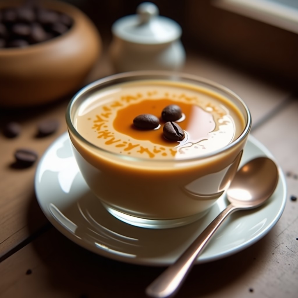 Bol grande de cristal con crema pastelera de café y dulce de leche, textura sedosa y color beige oscuro, decorada con un hilo de caramelo y granos de café. Receta express para postres gourmet.