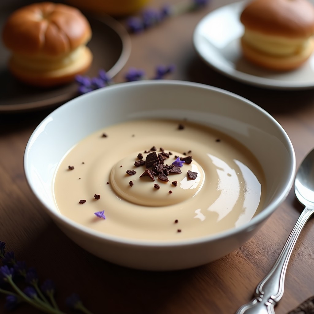 Cuenco de porcelana blanca con crema pastelera de café y lavanda, decorada con virutas de chocolate negro y hebras de lavanda fresca, receta en airfryer.