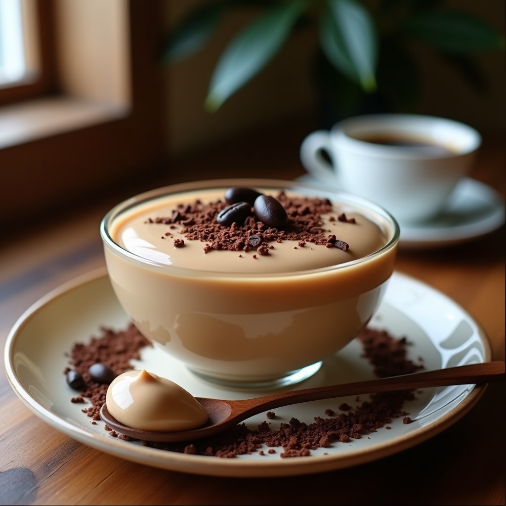 Bol de cristal con crema pastelera de café moca, espesa y brillante, decorada con virutas de chocolate negro y granos de café. Fondo con cuchara de madera y taza de espresso.
