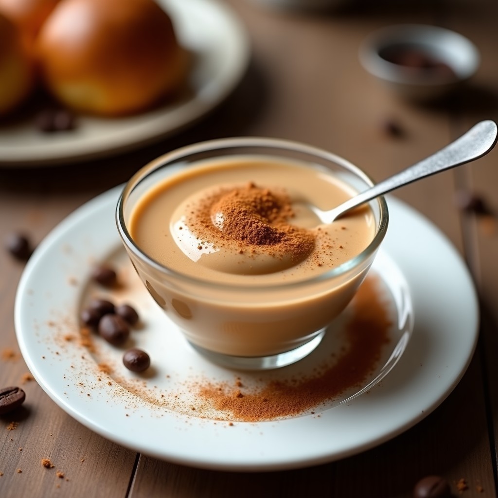 Bol de cristal con crema pastelera de café moka, suave y brillante, espolvoreada con canela en polvo, servida junto a una cuchara de plata y granos de café al fondo.