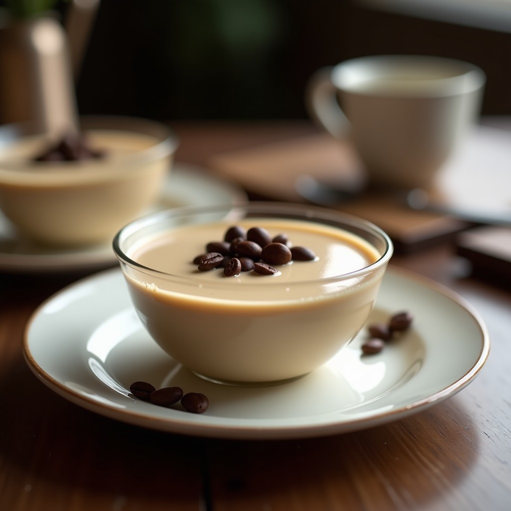 Cuenco de cristal con crema pastelera de café moka sin lactosa, textura sedosa y color beige claro, decorada con granos de café y virutas de chocolate negro, fondo rústico de madera.