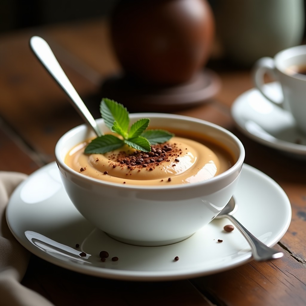 Bol de porcelana blanca con crema pastelera de café moka espesa y brillante, decorada con un espolvoreado de café molido y hojas de menta, sobre fondo rústico de madera.