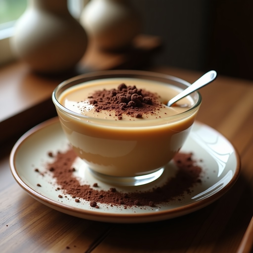 Cuenco de vidrio transparente con crema pastelera de café tostado, suave y brillante, decorada con virutas de chocolate negro sobre fondo rústico de madera.