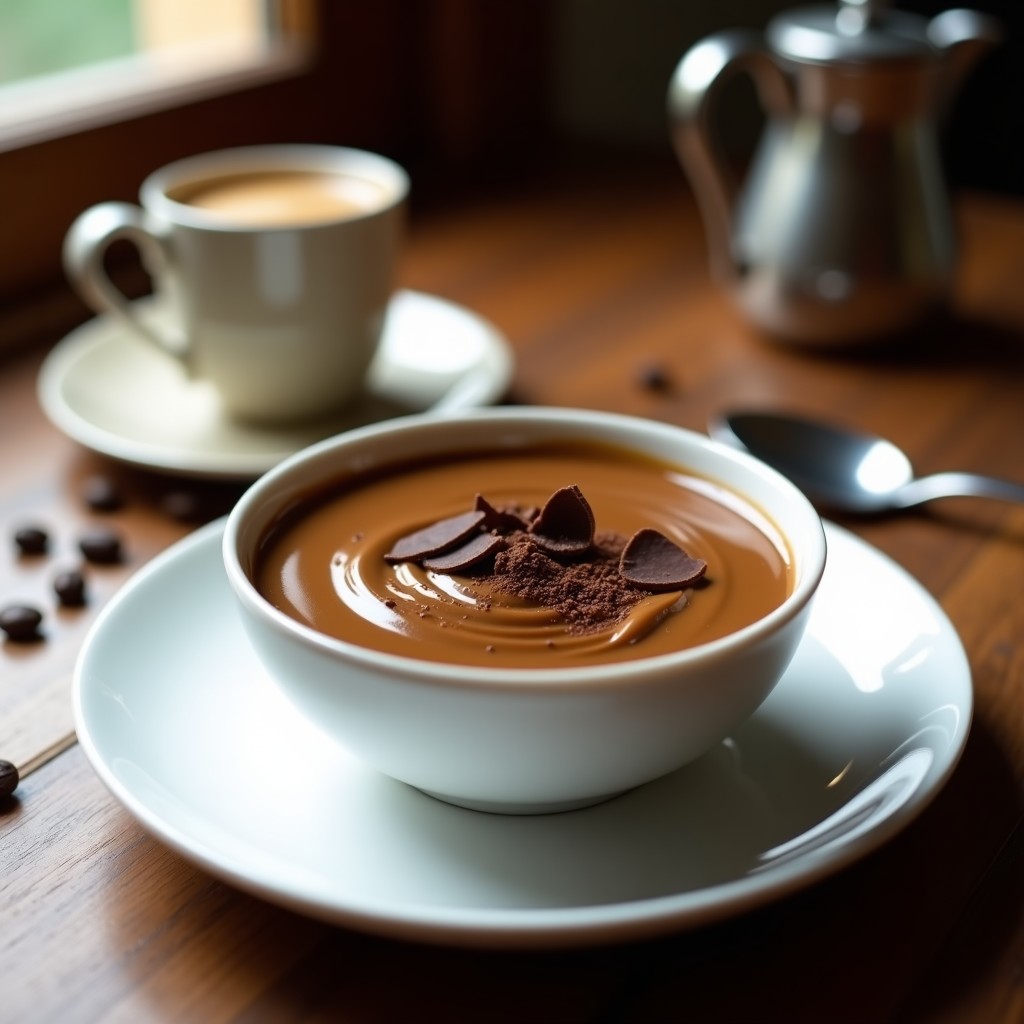 Cuenco de porcelana blanca con crema pastelera de café y trufa, textura sedosa y brillante, decorada con virutas de chocolate negro y un toque de café molido, sobre fondo rústico de madera.
