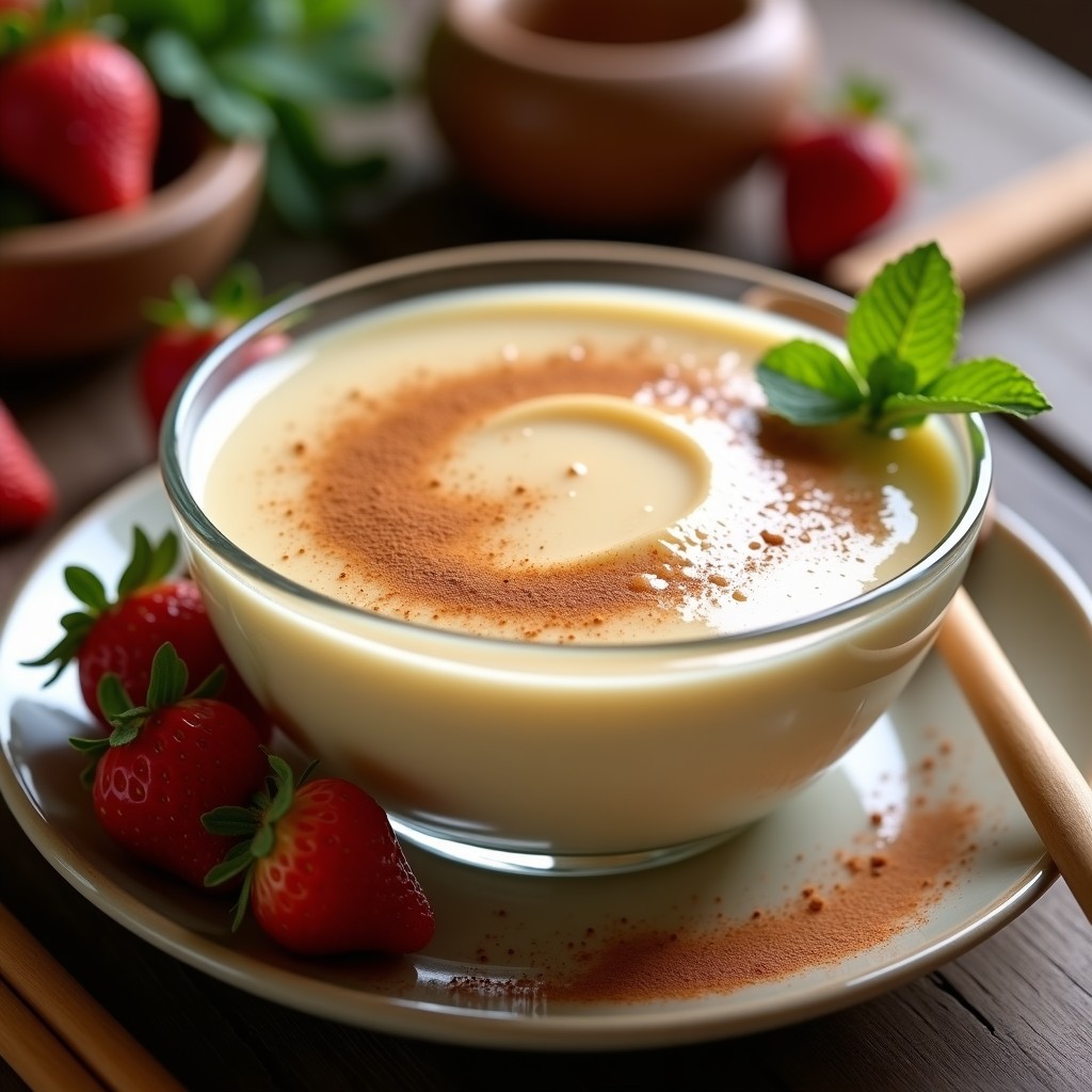 Bowl de cristal transparente con crema pastelera de cañihua de color beige suave, espolvoreada con canela, acompañada de fresas frescas y hojas de menta, sobre fondo rústico de madera.