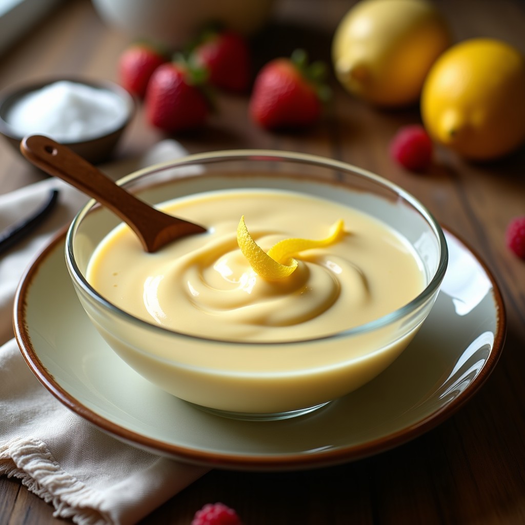 Bol transparente con crema pastelera casera sin gluten, de color amarillo pálido y textura sedosa, servida con una cuchara de madera y rodeada de vainas de vainilla y cáscaras de limón.