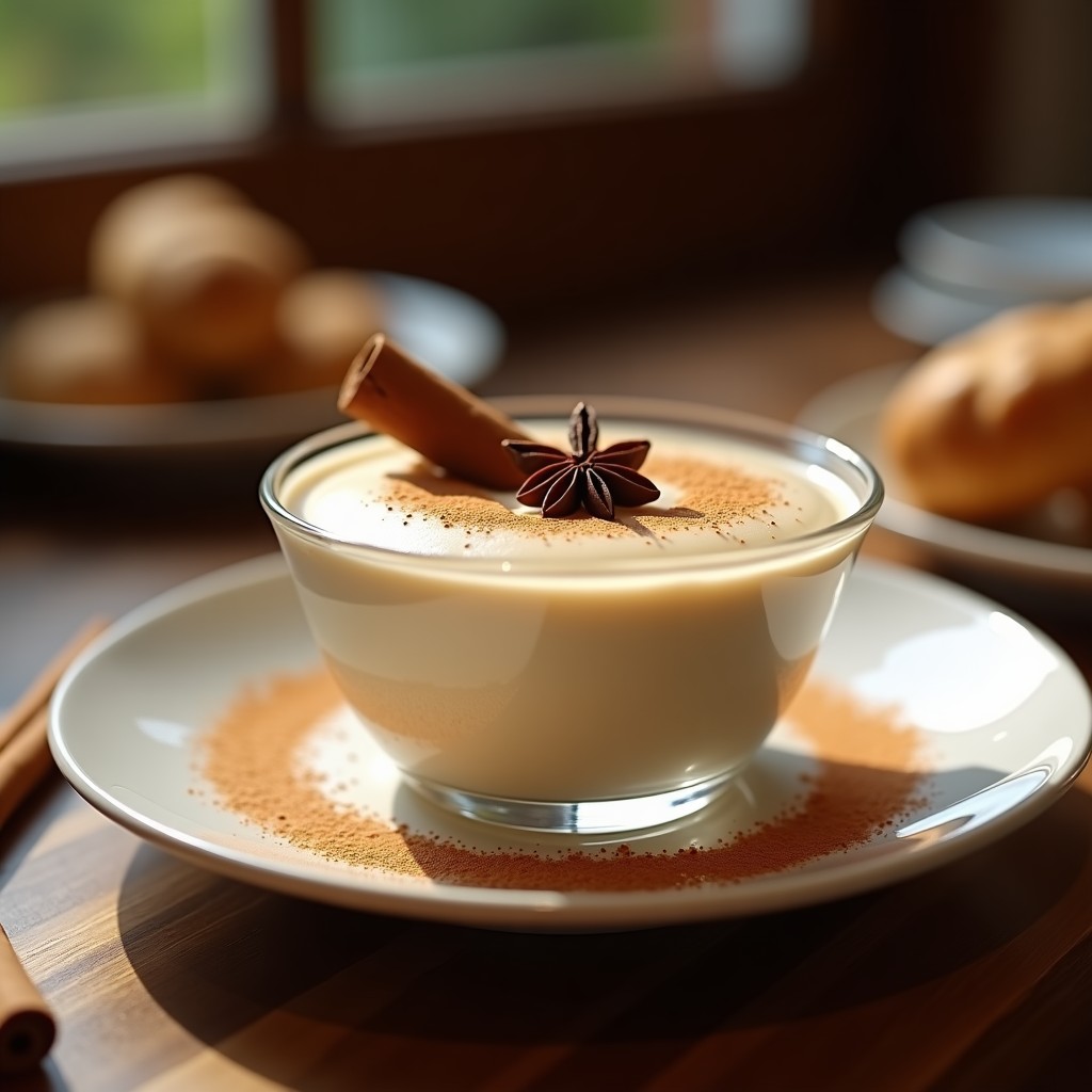 Bol de cristal transparente con crema pastelera de chai latino, espolvoreada con canela y decorada con una ramita de canela entera y estrellas de anís sobre fondo rústico de madera.