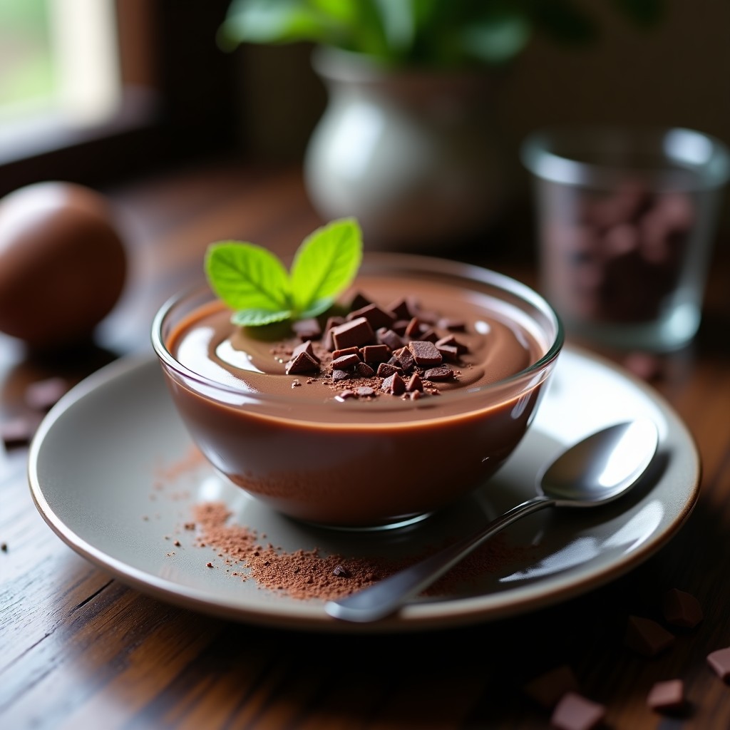 Bol de cristal transparente con crema pastelera de chocolate amargo sin azúcar, textura sedosa y brillante, decorada con virutas de chocolate negro y hojas de menta fresca sobre fondo oscuro.
