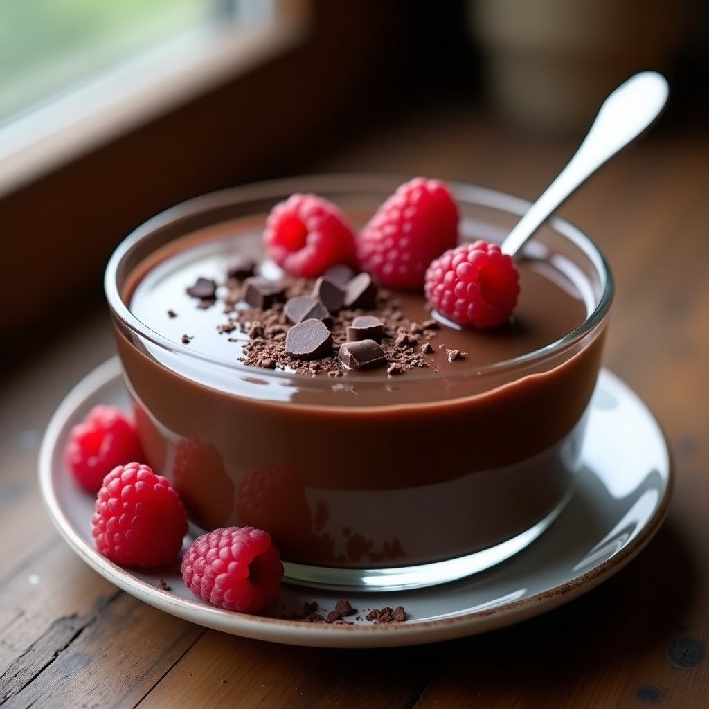 Cuenco de cristal con crema pastelera de chocolate negro proteico, textura sedosa y brillante, decorada con virutas de chocolate y frambuesas frescas sobre fondo rústico de madera.