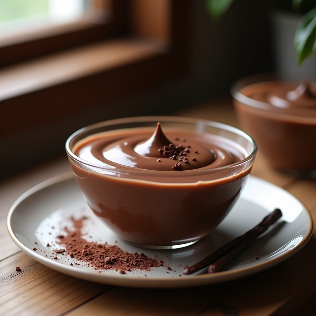 Bol de cristal con crema pastelera de chocolate negro y vainilla, textura sedosa y brillante, decorada con virutas de chocolate y una rama de vainilla al lado.