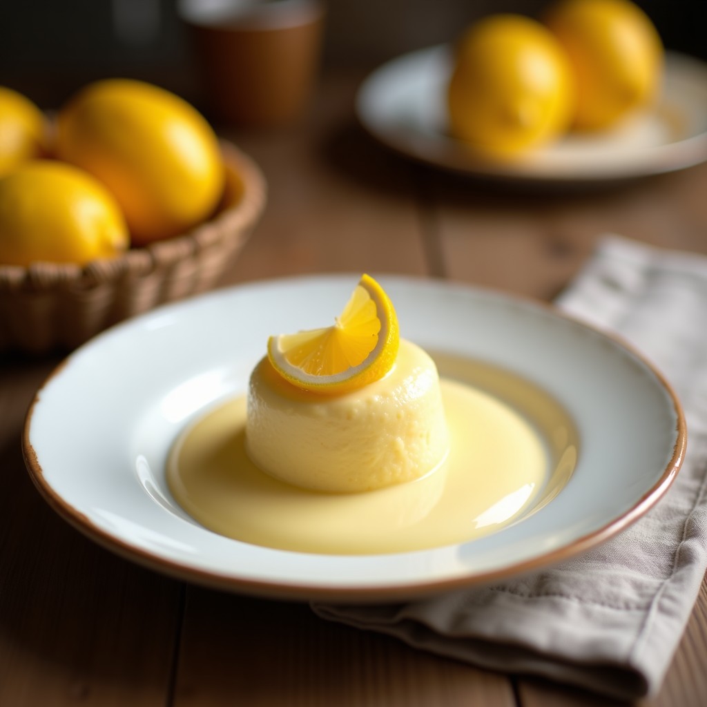 Cuenco de porcelana blanco con crema pastelera de citron baja en azúcar, textura sedosa y color amarillo pálido, decorada con ralladura de citron y hojas de menta, sobre fondo rústico de madera.