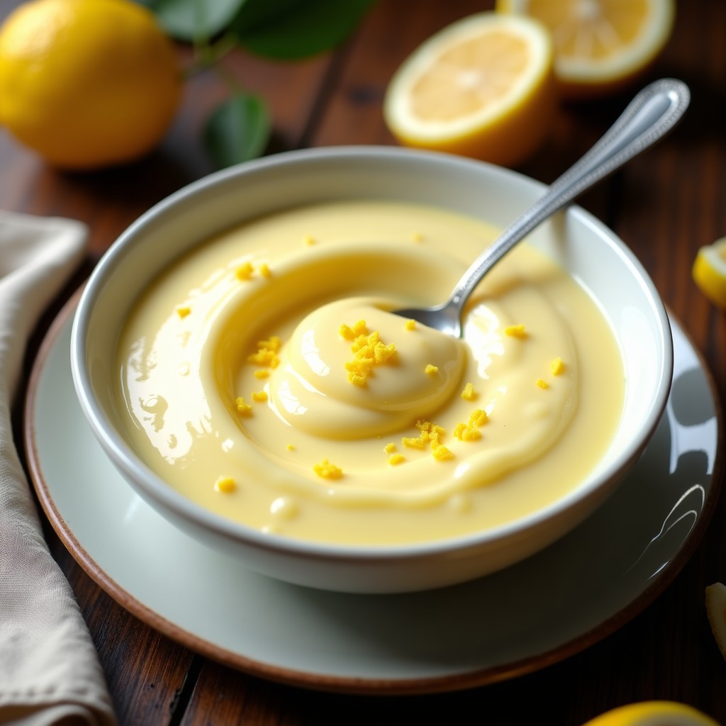 Cuenco de porcelana blanca con crema pastelera de limón de color amarillo pálido y textura sedosa, decorada con ralladura de limón y una cucharita de plata, fondo de encimera de madera oscura.